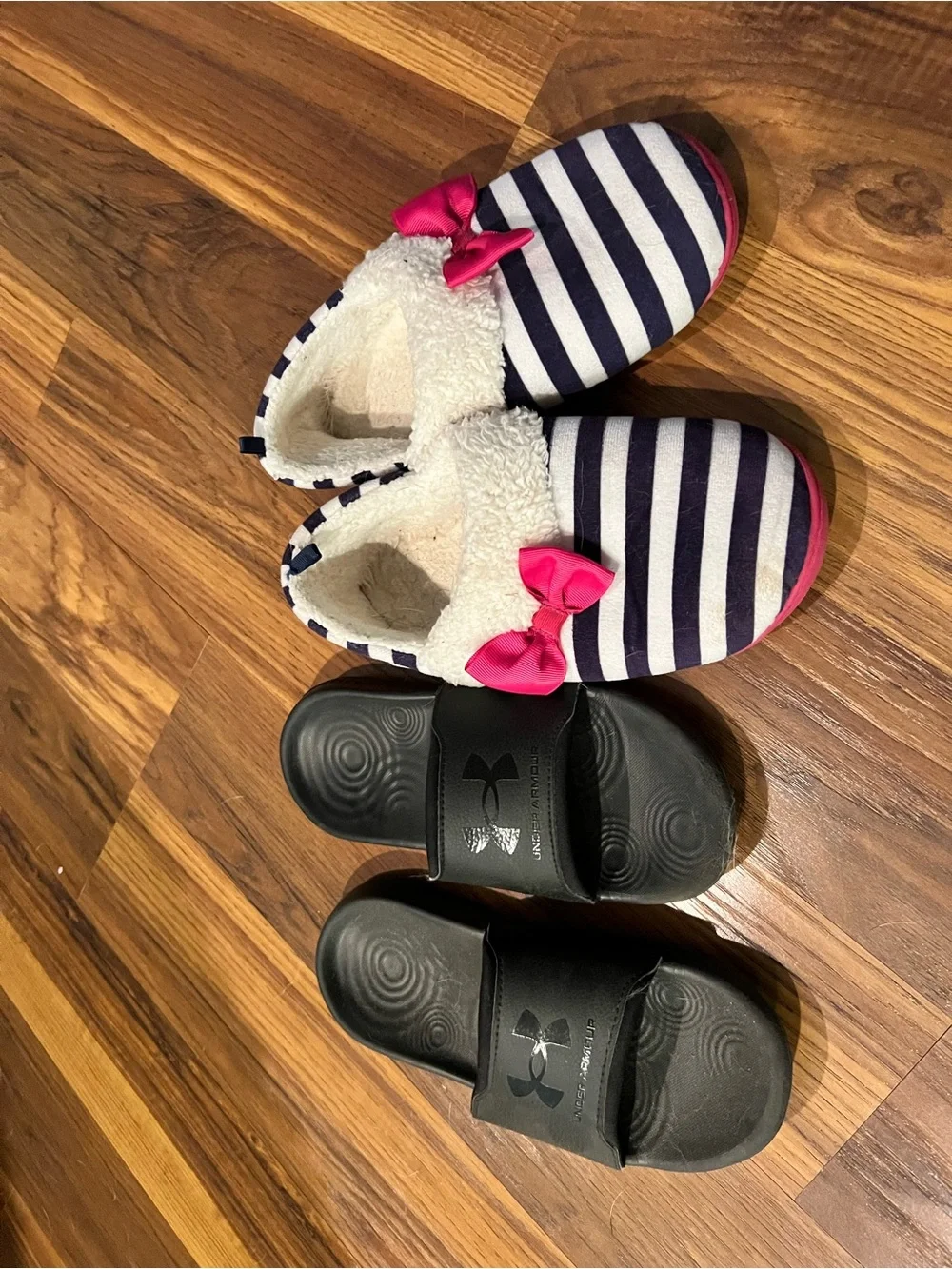 Under Armour Black Kids Slide Sandals & Navy Stripe Pink Bow Slippers Set